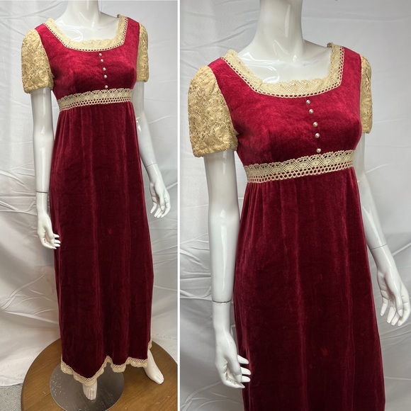 Women's Vintage Lisa Jo Crimson Red Velvet Cream Crochet Lace 70’s Long Dress S - Picture 5 of 13